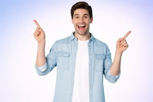 Giovane uomo emozionato con dita puntate